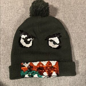 Black and Orange Monster Face Hat with Pom-Pom